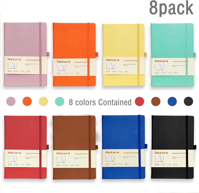 Heture 8 Pack Lined Journal Notebooks, A5 Hardcover Notebooks, 5.5 x 8.3 inch, 100GSM,160 Pages, Classic College Ruled Notebooks for Writing/Work/Travel/College (Assorted Color) - Image 2